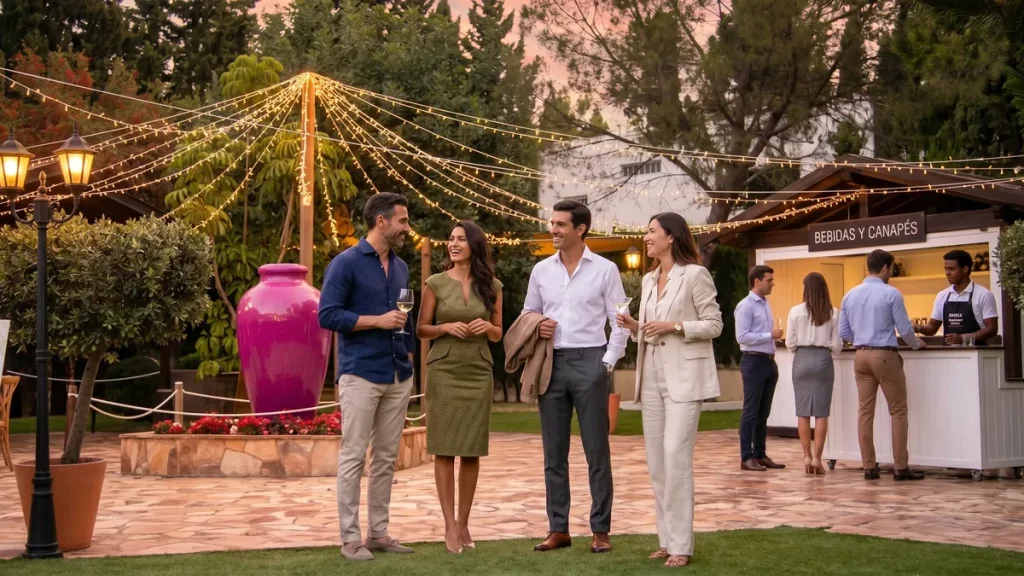 Clientes disfrutando en el jardín iluminado para cenar con música en directo en Málaga.